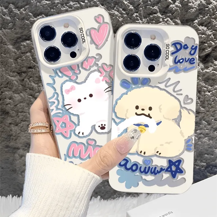 创意涂鸦小狗适用苹果16pro手机壳华为p70情侣vivo小米15可爱oppo