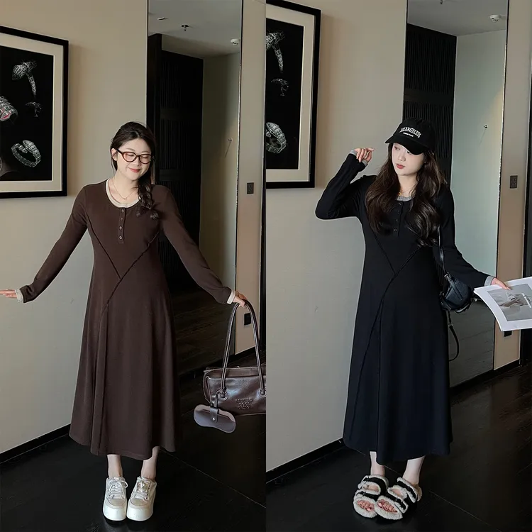 裂渡宣宣【解构式】微胖大码女秋显瘦假两件分割针织连衣裙ZY508A21