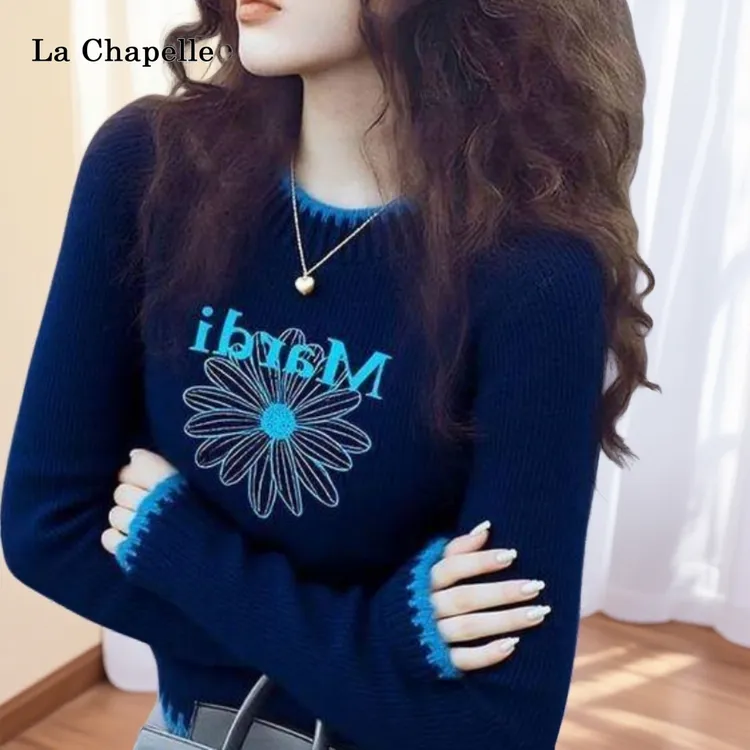 拉夏贝尔超好看漂亮花朵针织毛衣女秋冬独特短款绝美轻奢内搭上衣