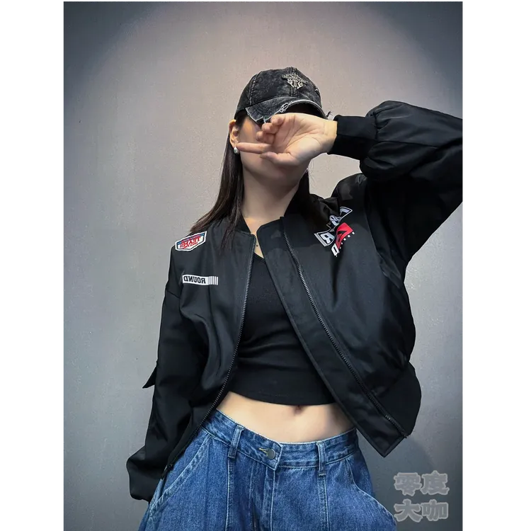 8950款厚款通勤风拉链女冬季机车服棒球服棉服黑色新款潮牌女装