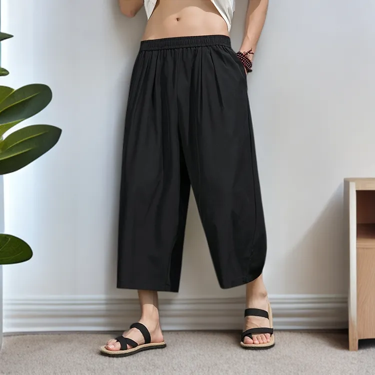 冰丝七分裤男款夏薄宽松阔腿裤男士夏季凉爽黑色裤子休闲7分短裤