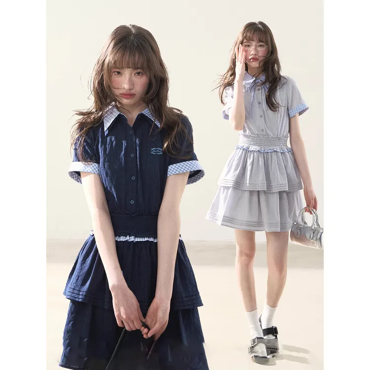 韩系假两件拼接短裙女夏季显瘦收腰绑带翻领气质复古学院风连衣裙