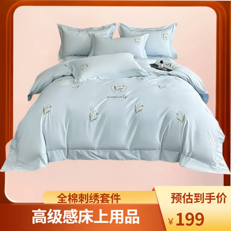 轻奢全棉纯棉长绒棉刺绣床上四件套床单被套简约高级感2005新
