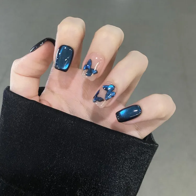 【蓝蝶】爆闪蝴蝶冰透猫眼美甲穿戴甲片短款高级感显白手工穿戴甲