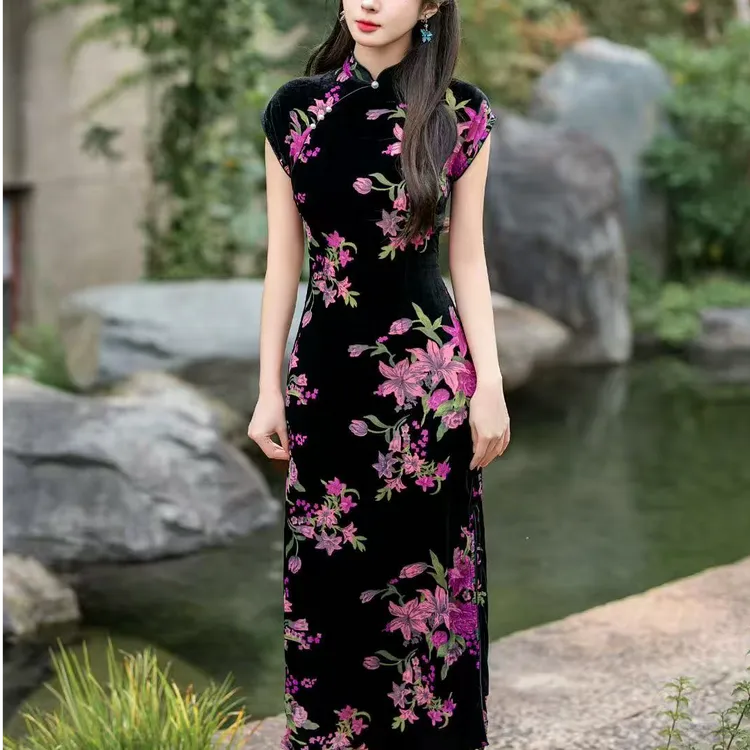 【花开富贵】中国风文艺复古短袖日常旗袍优雅立领显瘦修身衣长125