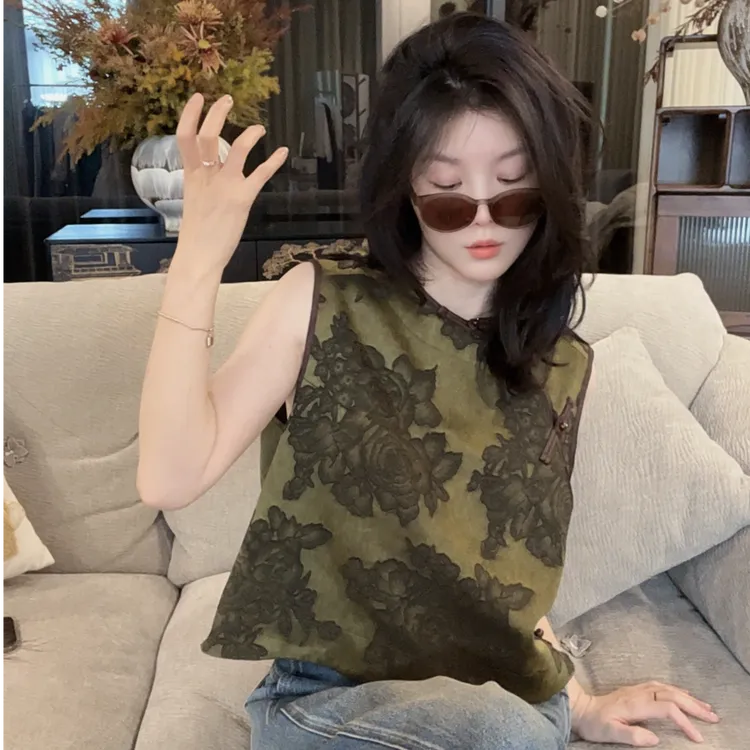 【悦悦专属】新中式大朵牡丹花斜门襟时尚无袖马甲Y811