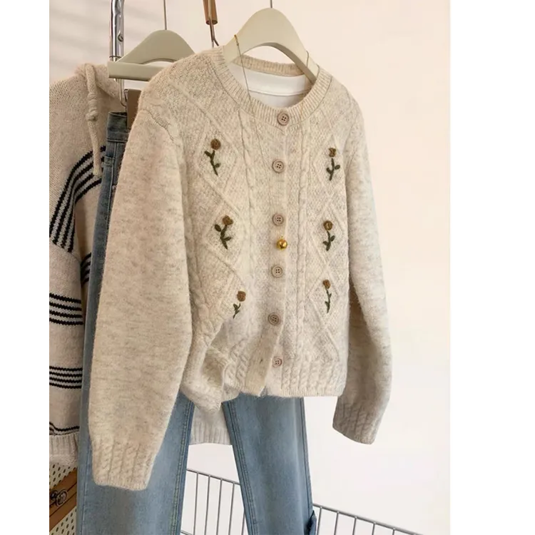 秋冬新款韩系刺绣小花慵懒风宽松百搭针织衫上衣女1281-1