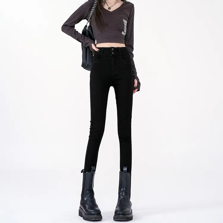 【小黑裤】2025年秋冬新款高腰显瘦紧身加绒弹力铅笔小脚裤牛仔裤