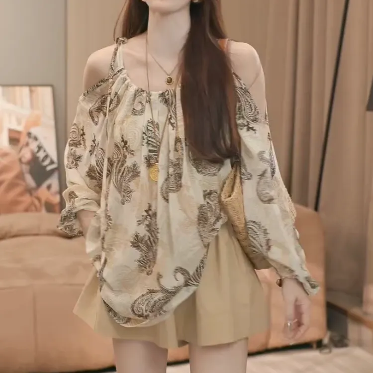 夏季新款设计感水墨印花微透薄款气质挂脖露肩衬衣LK2504722