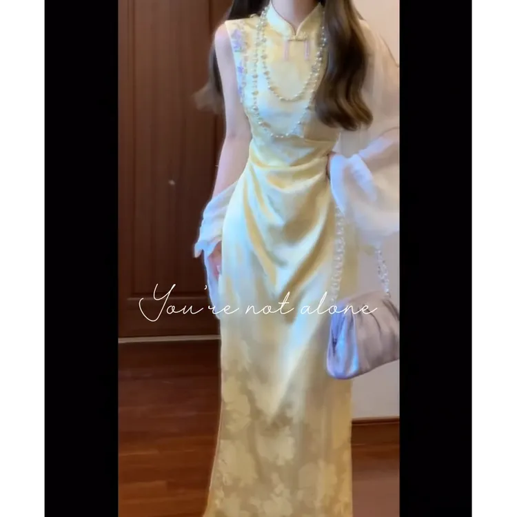 【奶油云纱】夏季新款新中式国风防晒披肩开衫搭缎面提花旗袍连衣裙