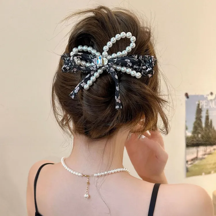 法式气质珍珠蝴蝶结发夹女后脑勺高级感盘发鸭嘴夹子大号一字抓夹