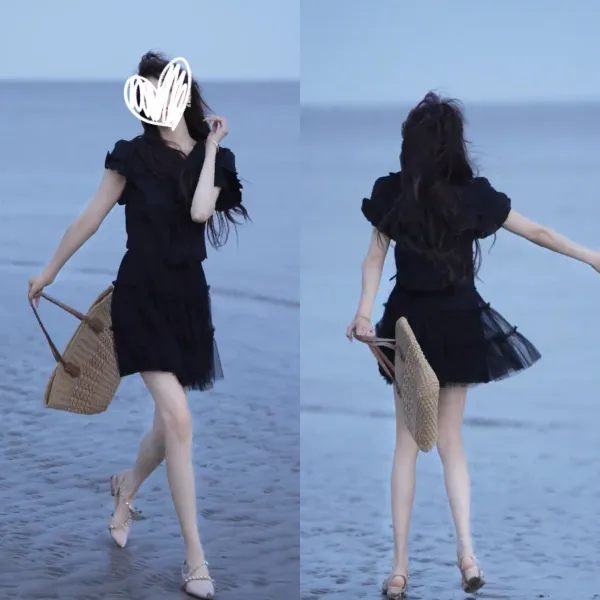 法式轻奢仙气感v领上衣衬衫气质黑裙套装2025夏季新款时尚两件套