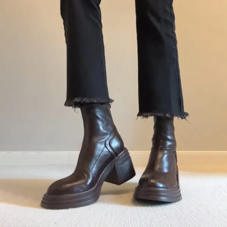 真皮复古显瘦厚底增高新款马丁靴女简约后拉链粗跟复古瘦瘦靴女