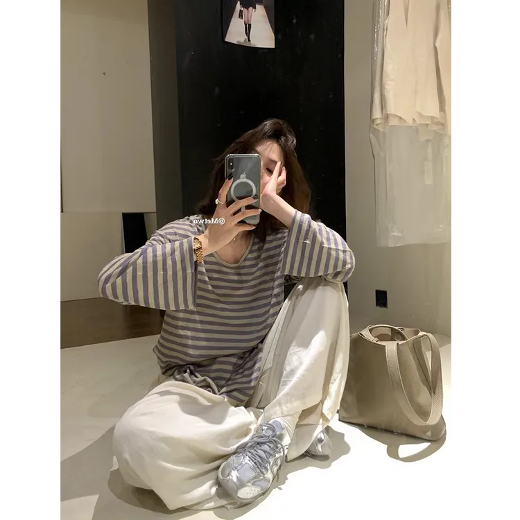 条纹长袖t恤女夏季薄款防晒罩衫中长款宽松垂感大领口体恤上衣