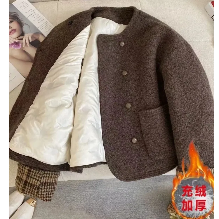 【当天发+运费险】咖色充绒小香风外套时尚保暖高级感双排扣款P2538