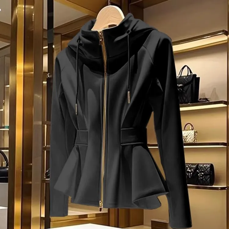 今年爆款黑色立领连帽收腰外套女款女士早春新款收腰运动休闲上衣