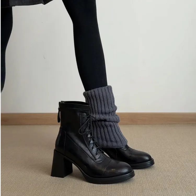 8厘米短靴女秋冬系带高跟马丁靴瘦瘦靴黑色厚底百搭女鞋加绒靴子