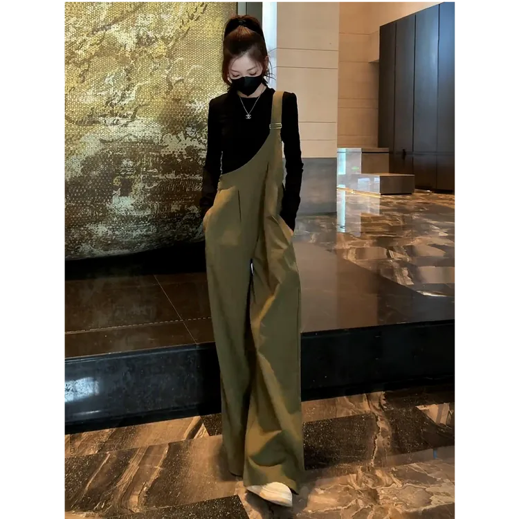 时尚背带裤套装女秋季新款宽松减龄显瘦长袖T恤阔腿连体裤两件套