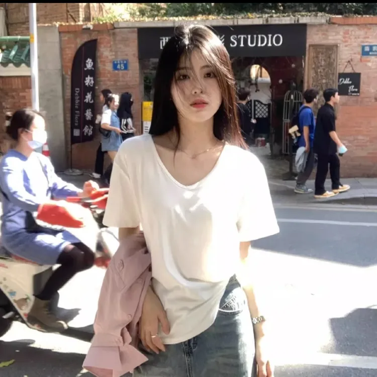 简约t恤百搭夏季宽松纯色圆领打底衫显瘦短款纯棉时尚休闲不规则