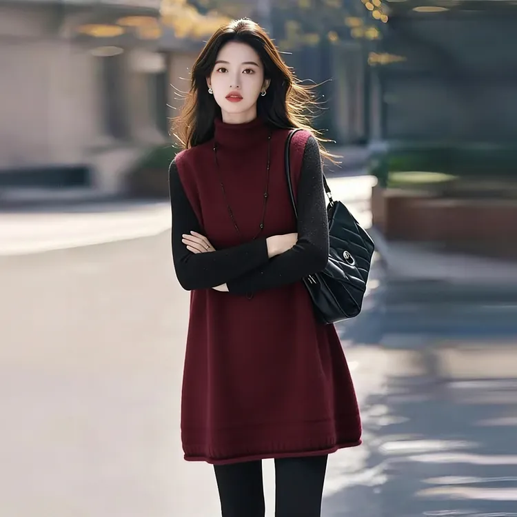 【两件套】秋冬时尚安可拉红宽松遮肉半高领中长马甲+简约长袖H037