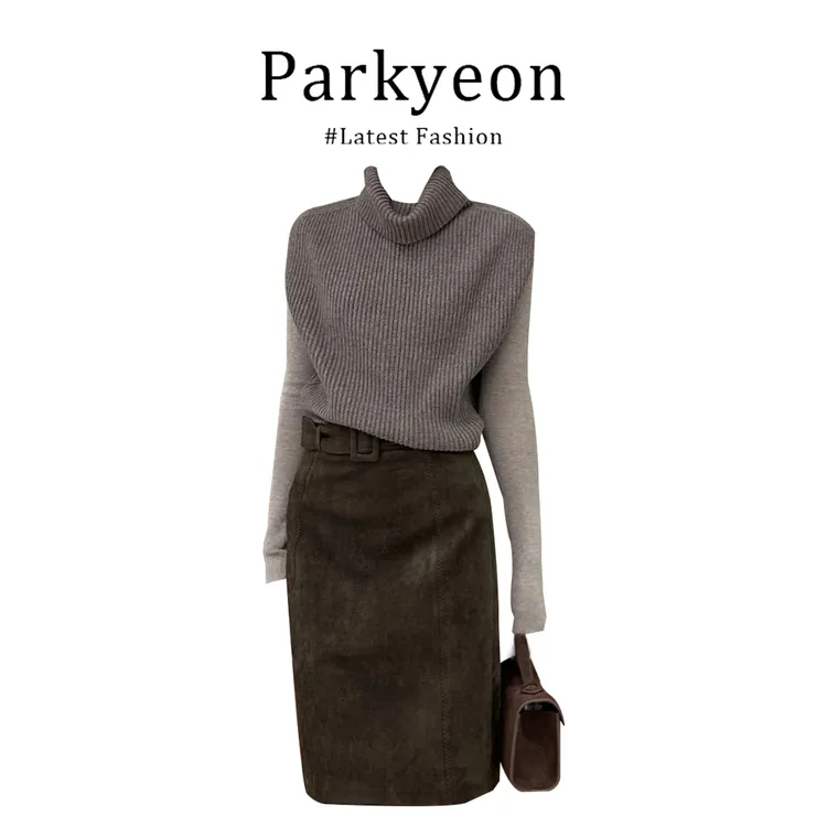 MARIE.COCO秋冬高领毛衣针织衫背心叠穿内搭打底衫半身裙时尚套装