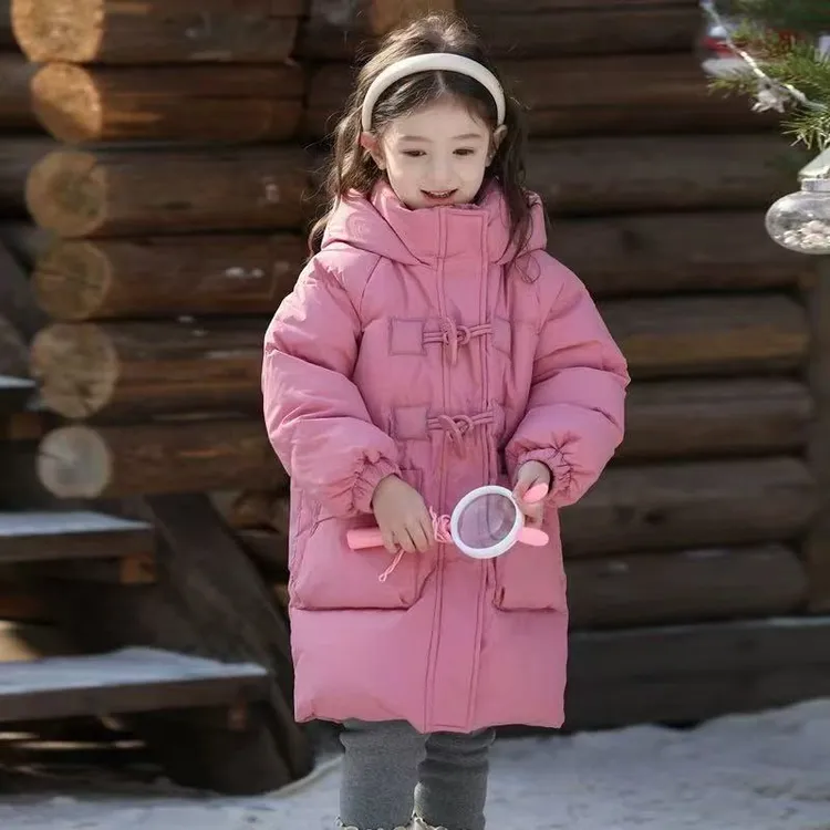 【云朵小葵】女童新款爆款洋气牛角盘扣中长款连帽款羽绒服1268