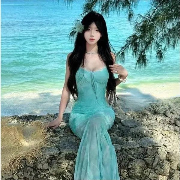 夏季新款法式绿色印花网纱吊带连衣裙女夏海边度假纯欲后妈裙显瘦