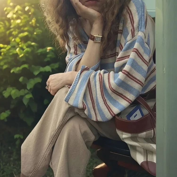 慵懒风条纹v领长袖针织衫女早春设计感小众宽松打底衫t恤减龄上衣