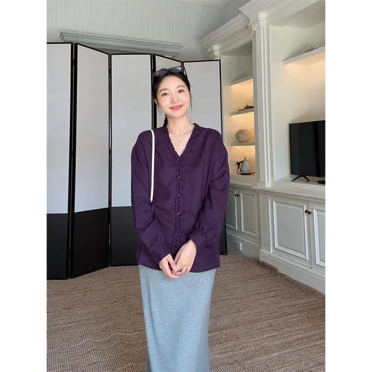 郭九九呢 苎麻天丝复古紫色宽松木耳边衬衫休闲半身裙 G925C12734