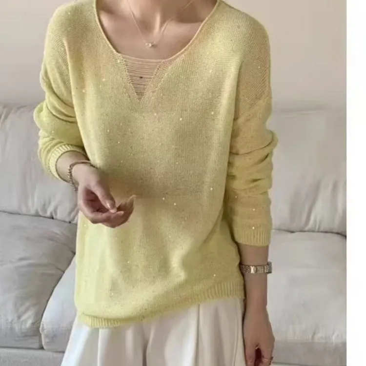 亮闪闪镂空薄款针织衫女2025春夏季新款韩版宽松V领气质减龄上衣