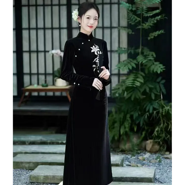 江南春【烟雨江南】秋冬新中式国风复古丝绒绣花收褶收腰显瘦旗袍裙
