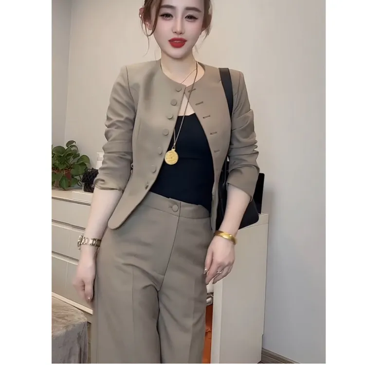 网红爆款高级简约洋气春季新款气质纯色修身西服两件套外套+裤子