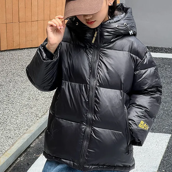 儿童秋冬连帽黑色绒羽服中大童冬季加厚外套学生外穿帅气上衣女童