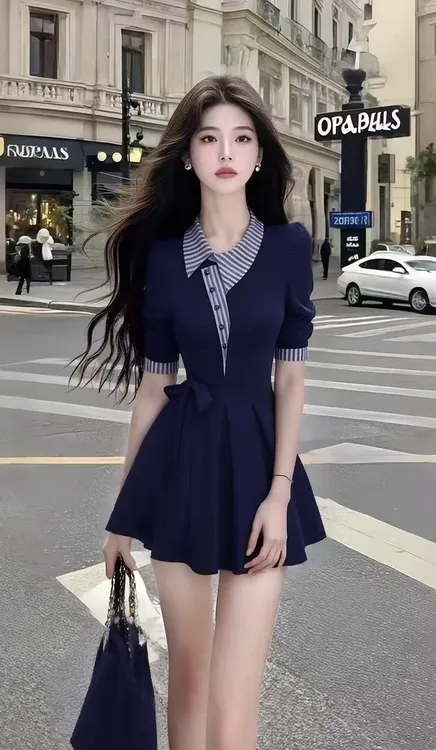 时尚气质名媛休闲通勤风深蓝色不规则领型短袖收腰设计感连衣裙女