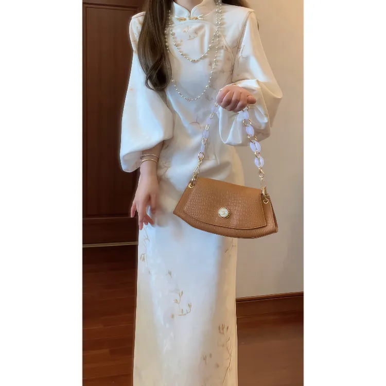 【兰亭梦蝶】新中式国风古典美人花苞袖改良旗袍连衣裙气质长裙9812
