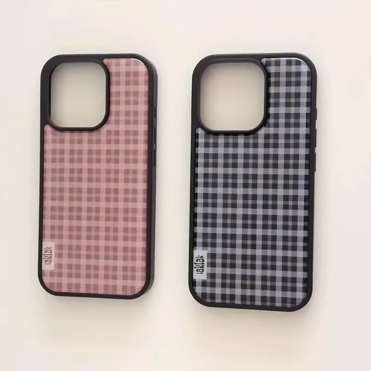 新款粉蓝格纹韩系滴胶手机壳适用苹果16promax高级15简约13小众12
