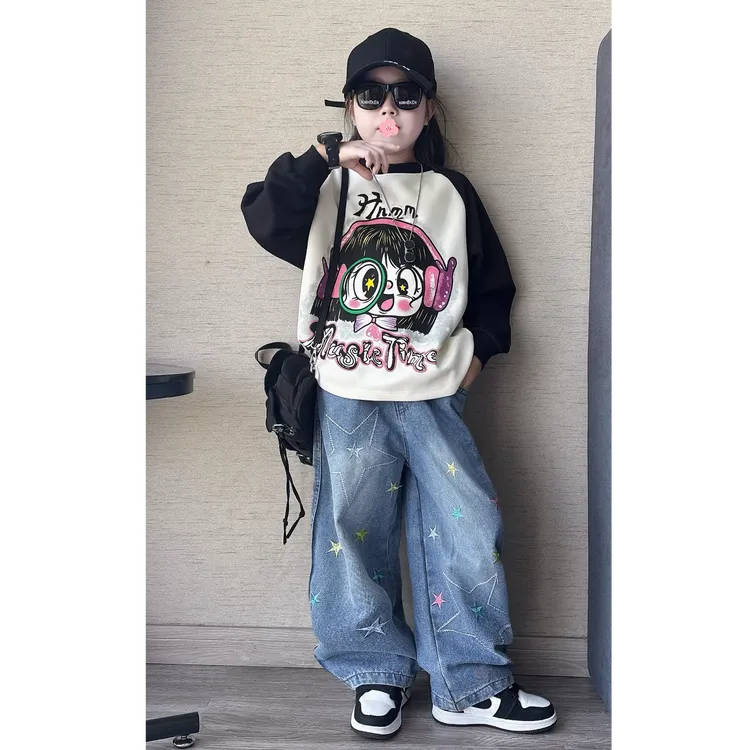 女童秋季韩版宽松插肩袖卡通卫衣中大童绣花牛仔阔腿裤直筒裤潮
