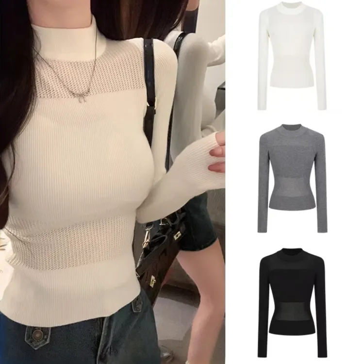 半高领秋冬纯欲镂空拼接针织衫长袖春内搭修身收腰显瘦针织上衣女
