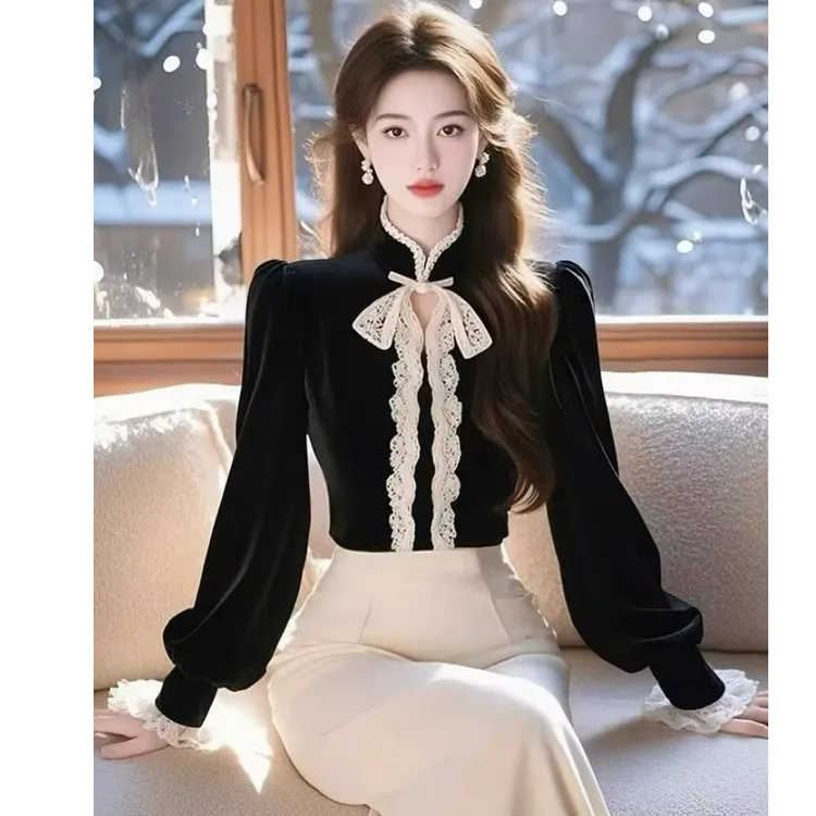 小香风丝绒立领长袖衬衫女秋冬季新款内搭高级感名媛别致独特上衣