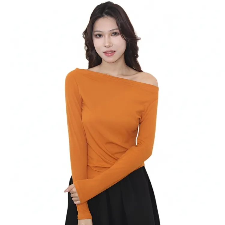 女生韩系ins衣服螺纹灰色一字打底衫网红洋气炸街女装露肩上衣24