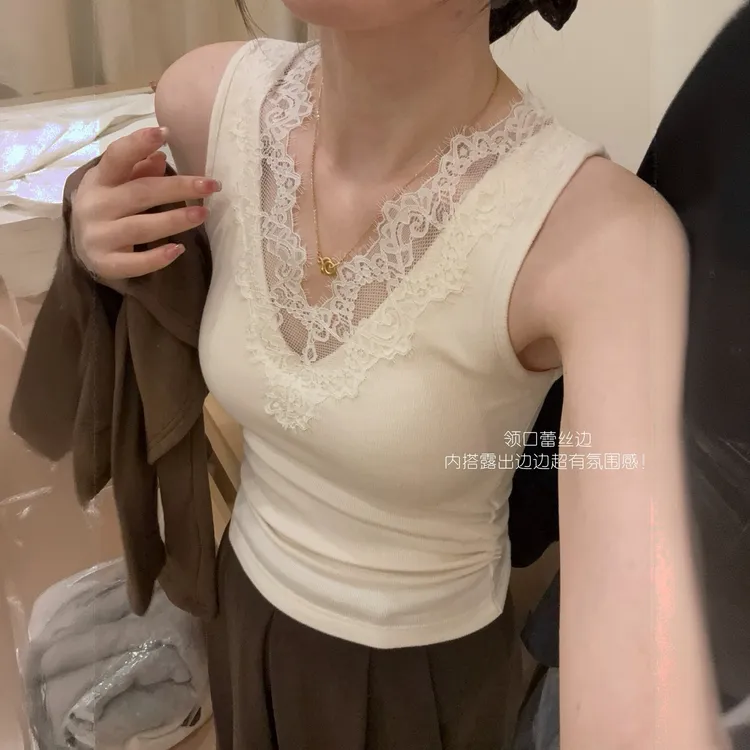 2025秋冬暖阳珍珠绒螺纹蕾丝拼接领固定杯V领打底保暖吊带6603