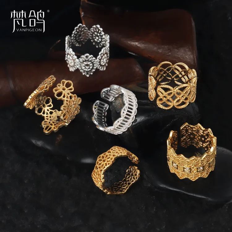 VANPIGEON/梵鸽 黄铜戒指 蕾丝花环镂空几何戒指精致新款开口指环