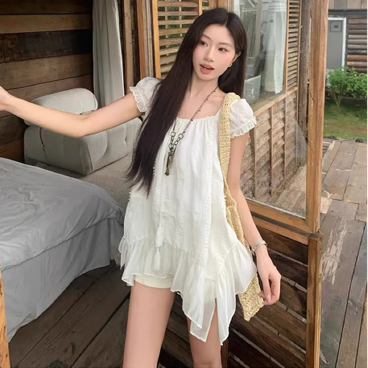 夏季新款温婉大方衣服韩版甜美刺绣拼接纯色小飞袖衬衫设计感上衣