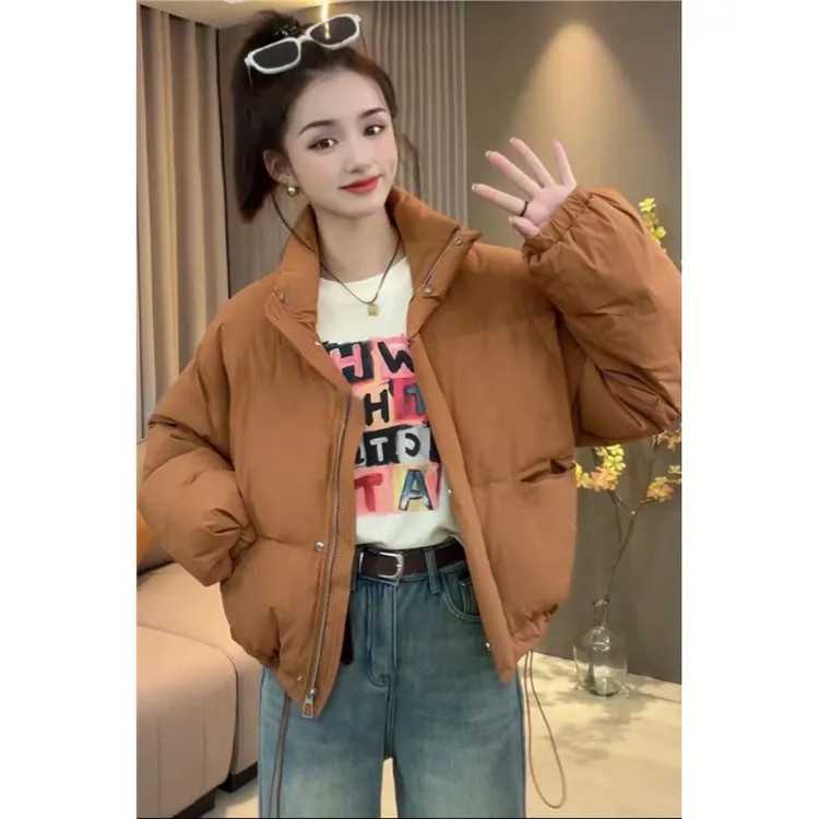 羽绒服女短款东大门韩版2024冬新宽松立领小个子白鸭绒加厚面包服