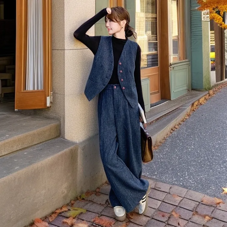 套装牛仔时尚阔腿裤长裤秋季秋装秋冬复古休闲女装港风复古牛仔马