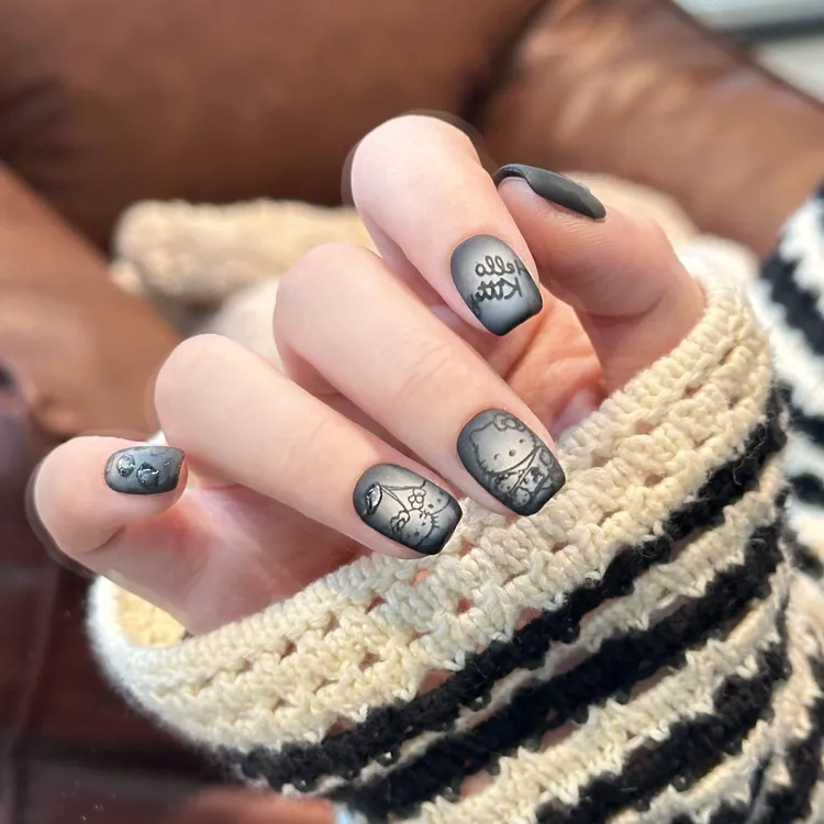【磨砂Kitty】黑色立体磨砂猫眼美甲穿戴甲片显白手工穿戴甲短款