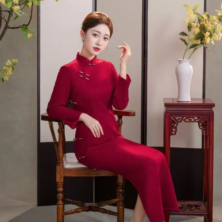 【鸿运当头】中国风红色冬季加绒加厚旗袍气质修身显瘦中长款A8