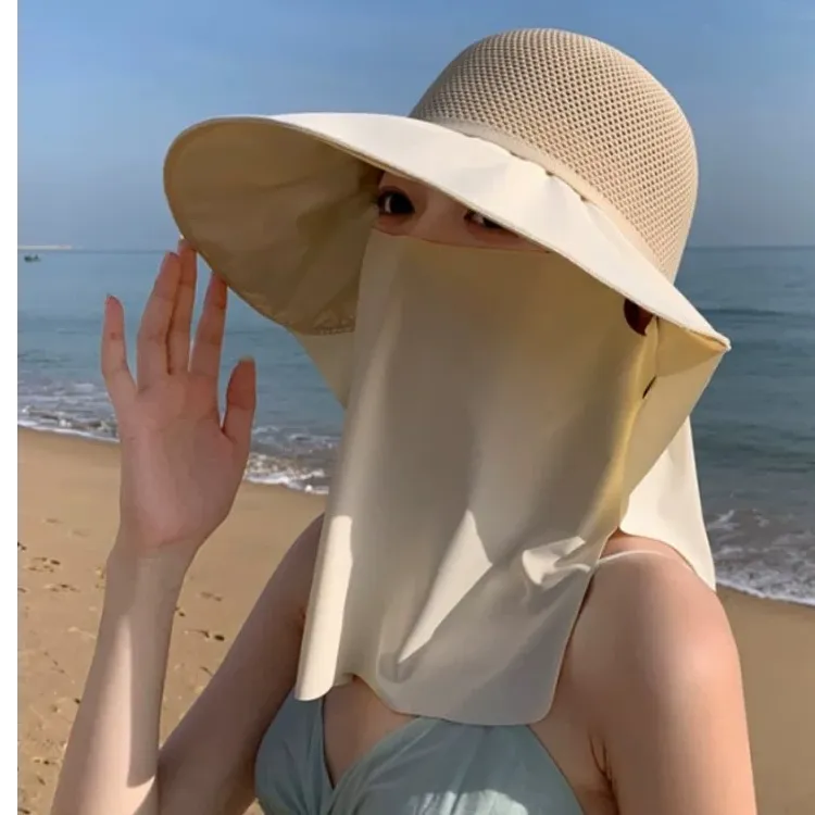 夏季防晒冰丝面罩渔夫帽女户外骑车防紫外线遮阳帽护脖颈
