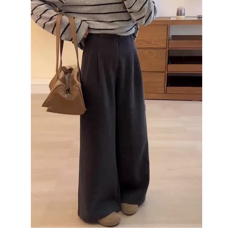 （现货➕运费险）慵懒高级感灰色毛呢裤子女款高腰直筒裤阔腿裤
