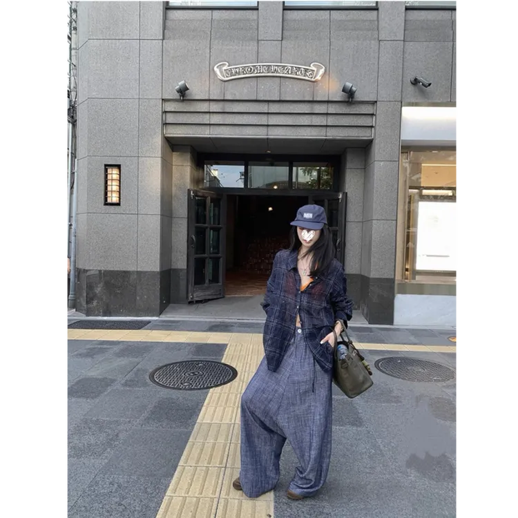 简约通勤街头韩版修身夏季格子轻薄长袖设计感两穿衬衫